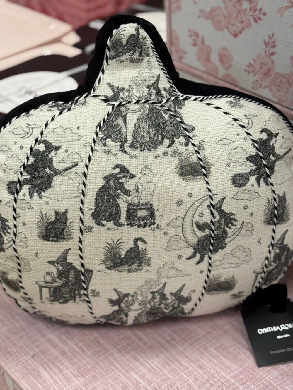 Decorative Witch Print Pumpkin Pillow - Black & Cream
